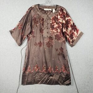 Laundry by Design Brown Floral 100% Silk Embroidered Boho Mini Dress Women XS S